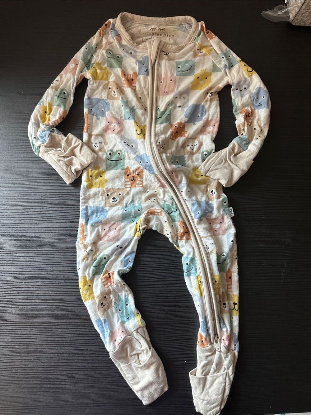 LITTLE SLEEPIES Cream One-Piece Footie with Pastel Animal Blocks